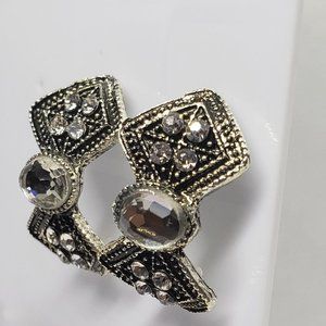 Metal and Grey Rhinestone Vertical Bow Earrings